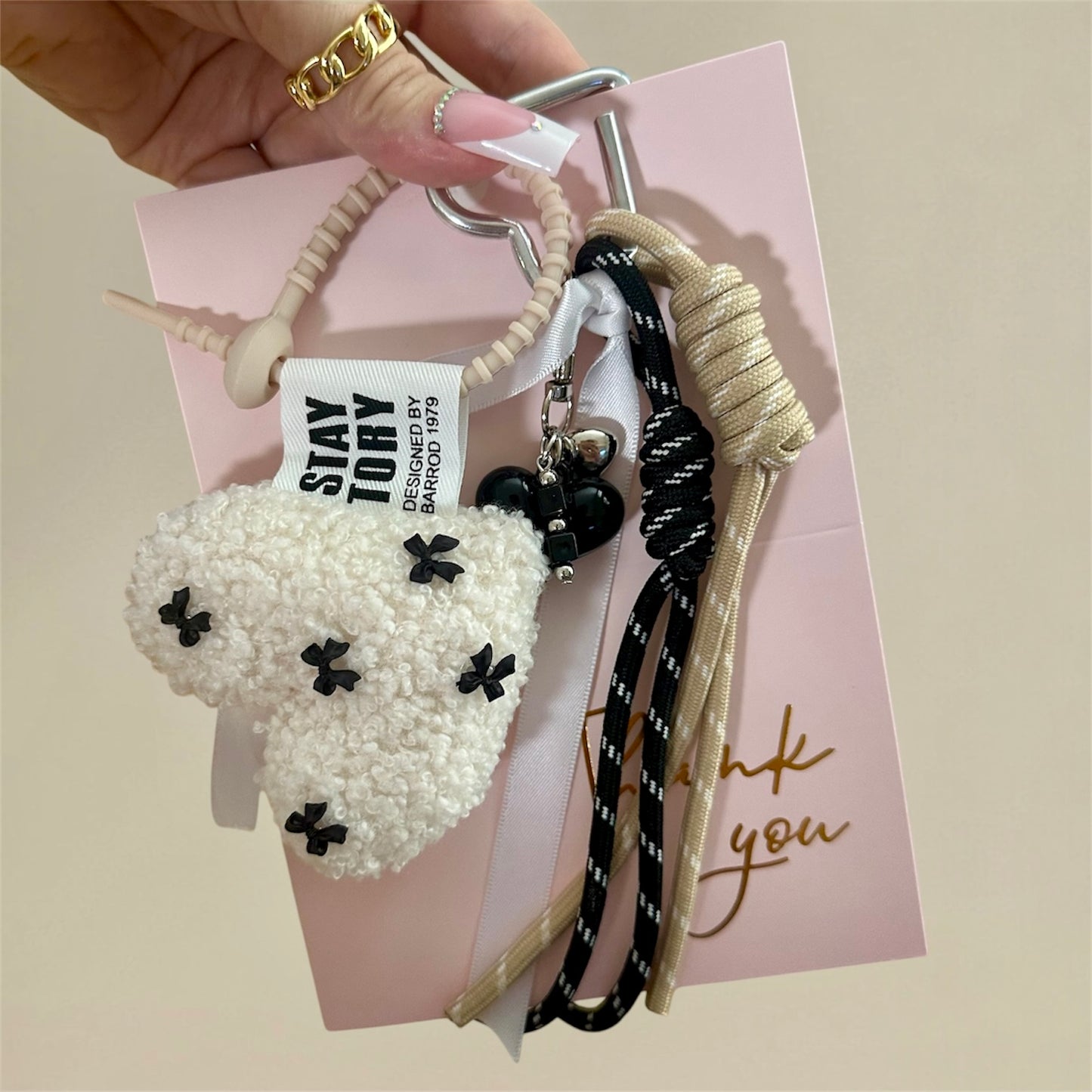 White plush heart keychain
